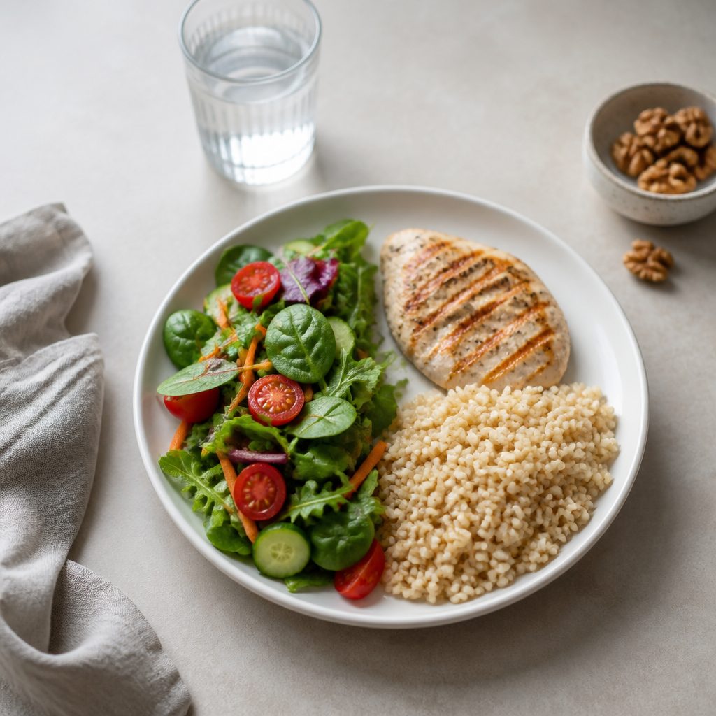 Yarısı sebze, çeyreği protein, çeyreği tahıl olacak biçimde bölünmüş bir tabak düzeni.